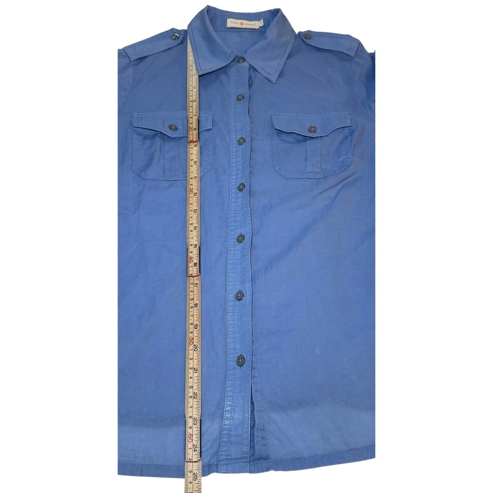 Tory Burch Button Up Women 4 Long Roll Sleeve Pocket Epaulets Sheer Shirt Blue - Picture 9 of 9
